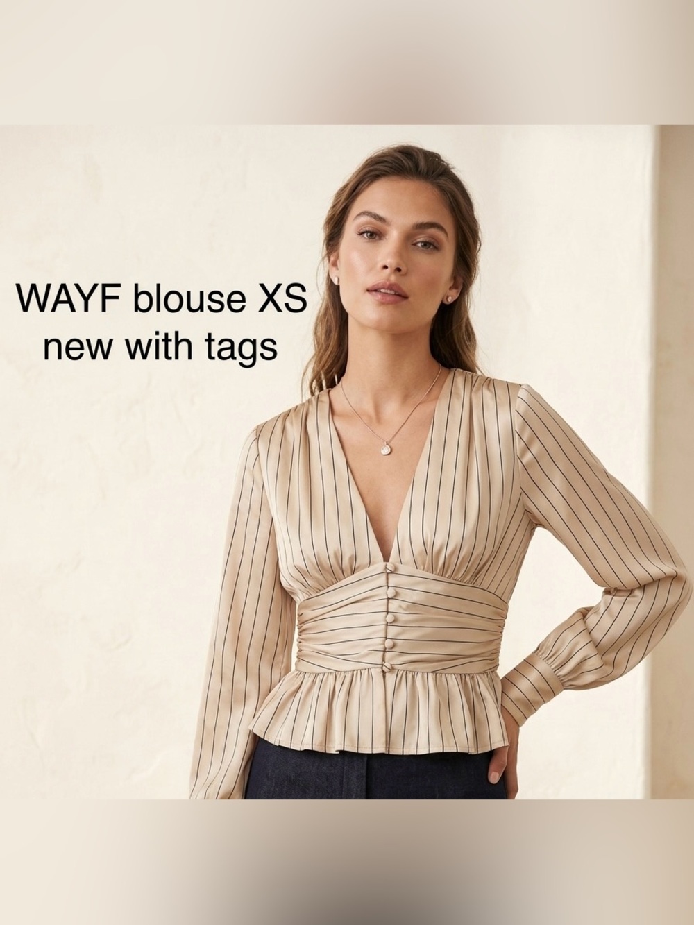 WAYF Enclive Satin Peplum Top Beige Pinstripe V Neck Blouse XS NWT